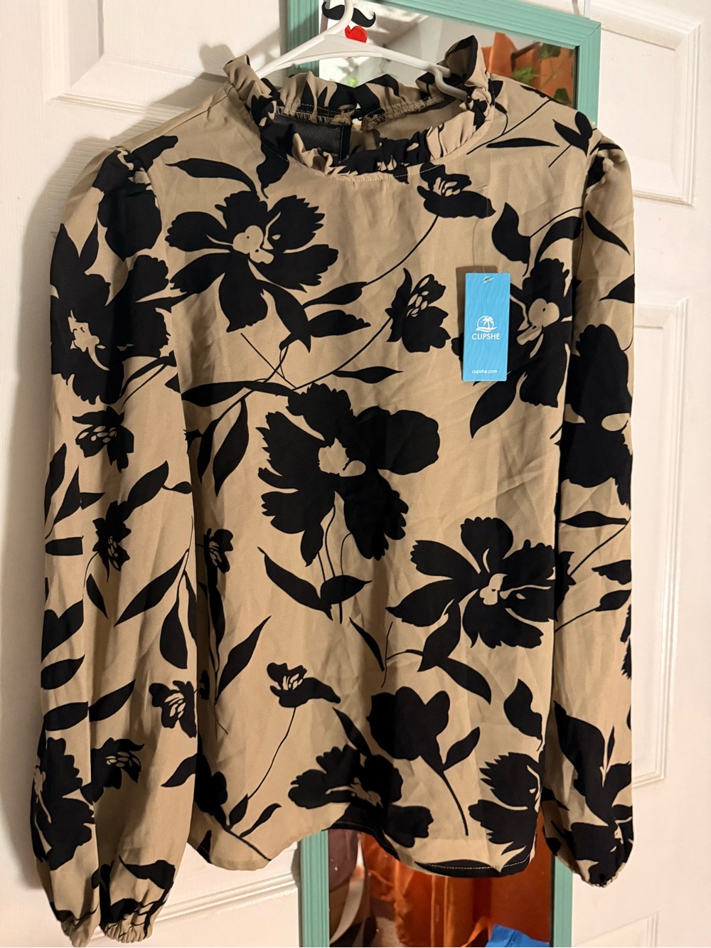 Cupshe Tan Blouse with Black Floral Print